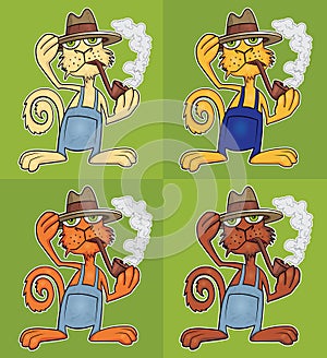 Cartoon cat wearing hat and trousers smoking pipe illustration