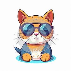 a cartoon cat wearing sunglasses sitting on the ground with a sad look on its face and eyes, with a white background and a blue