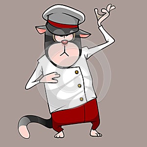 Cartoon cat in a white jacket red pants and a cap with a raised paw