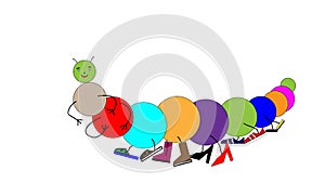 A cartoon caterpillar centipede in colorful shoes. Lots of shoes on legs. Vector