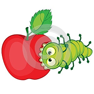 Cartoon caterpillar gnaws apple