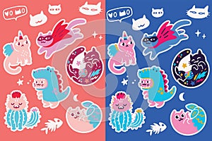 Cartoon cats animal sticker set. Vector illustration