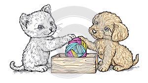 Cute Kitten and Dog with Yarn Ball, Adorable Pets