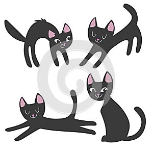 Cartoon cats simple style set. Angry, scary, relaxing, sitting. Collection of cute pets. Vector illustrations isolated on white ba