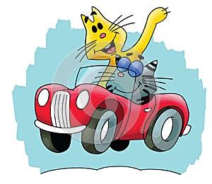 Cartoon cats travelling by a red convertible car vector