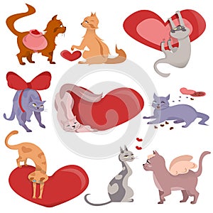 Cartoon cats for Valentine\'s Day postcard banner Set of cute kittens in various poses with hearts isolated on a white background