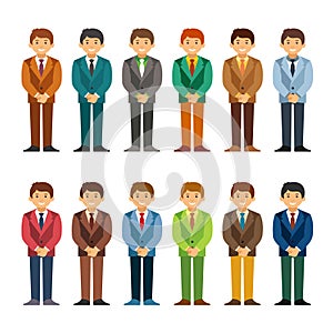 Cartoon caucasian men in business suit set flat style. Closed posture.