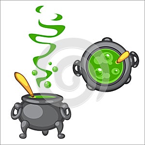 Cartoon cauldron with green boiling poison and golden spoon, side top view