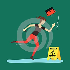 Cartoon Caution Wet Floor with Character Woman. Vector