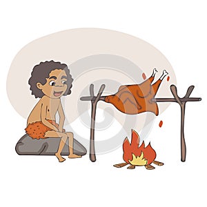 Cartoon cave boy watching roasting prey
