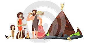 Cartoon caveman family. Prehistoric neanderthal hunters and kids. Ancient sapiens vector illustration