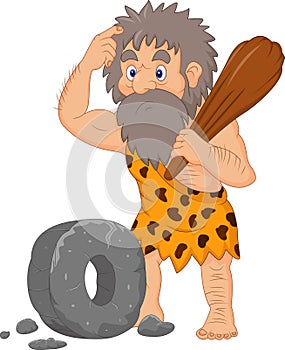 Cartoon caveman with stone wheel