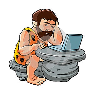 Cartoon caveman using a laptop.