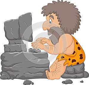 Cartoon caveman using a stone computer