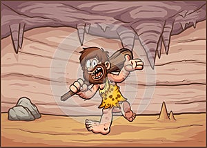 Cartoon caveman walking in a cave interior