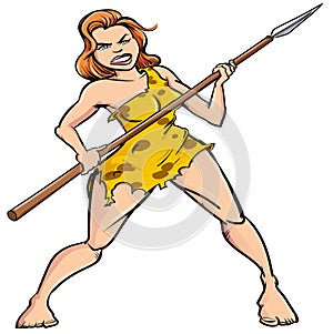 Cartoon cavewoman with a spear and animal skin