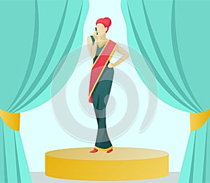 Cartoon Celebrity Character Talking Phone on Stage