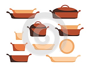 Cartoon ceramic cookware set, pots, pans, saucepans and utensils tools cooking isolated on white background, vector illustration.