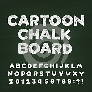 Cartoon chalk board alphabet font. Hand drawn letters, numbers and symbols.