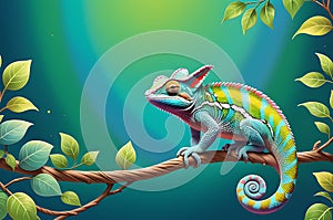 Cartoon Chameleon Perched on a Whimsical Branch Spanning the Width of a Banner - Vibrant Greens and Blues Come to Life