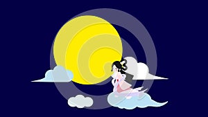 Cartoon Chang\'e flying to the moon above clouds. Asian moon goddess of mid-autumn festival fairytale story.
