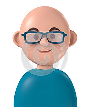Cartoon character 3d happy bald young white man