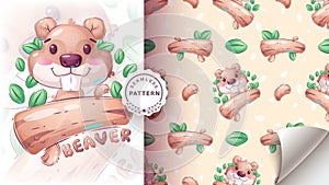 Cartoon character adorable beaver, pretty animal idea for print t-shirt, poster and kids envelope, postcard. Cute hand