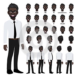 Cartoon character with African American business man in smart shirt for animation. Front, side, back, 3-4 view character. Separate