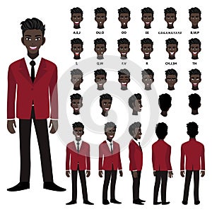 Cartoon character with African American business man in suit for animation. Front, side, back, 3-4 view character vector