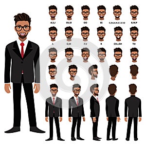 Cartoon character with African American business man in suit for animation. Front, side, back, 3-4 view character vector