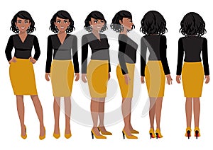 Cartoon character with African American business woman in casual wear for animation. Front, side, back, 3-4 view flat character