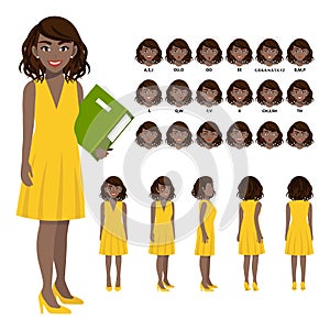 Cartoon character with African American business woman in casual wear for animation. Front, side, back, 3-4 view character.