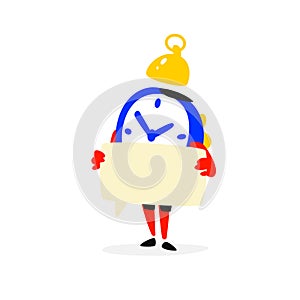 Cartoon character is an alarm clock. Vector. Time is running out. Clock with a sign. Time waits. Image is isolated on white