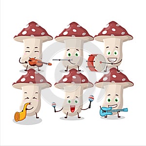 Cartoon character of amanita playing some musical instruments