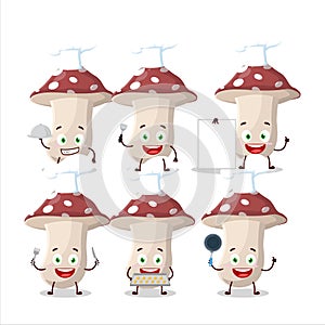 Cartoon character of amanita with various chef emoticons