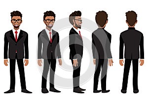 Cartoon character with American African business man in a black suit for animation. Front, side, back, 3-4 view animated character