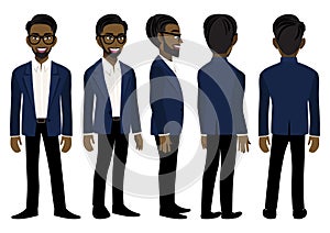 Cartoon character with American African business man in a blue suit for animation. Front, side, back, 3-4 view animated character