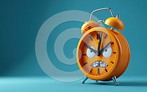 Cartoon character angry alarm clock on a blue isolated background with acopy space