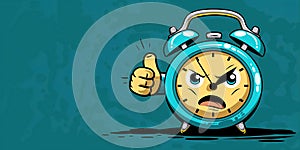 Cartoon character angry alarm clock pointing hands on a green background with copy space. Deadline