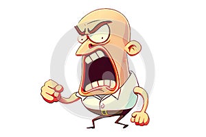 Cartoon character of an angry bald headed old man screaming and shouting with rage, cut out and isolated on a white background