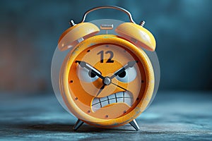 Cartoon character angry sad alarm clock on blue background