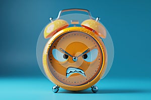 Cartoon character angry sad alarm clock on a blue isolated background with copy space