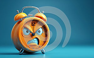 Cartoon character angry sad alarm clock on a blue isolated background. Deadline, time to wake up in morning