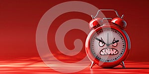 Cartoon character angry sad alarm clock on a red isolated background with copy space. Deadline
