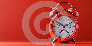 Cartoon character angry sad alarm clock on a red isolated background. Deadline, time to wake up in morning