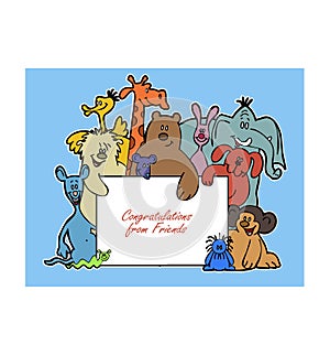 Cartoon character animals stand in a crowd and congratulate