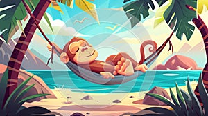 Cartoon character of an ape cartoon character relaxing on a tropical seaside beach with ocean view, rocks and palm trees
