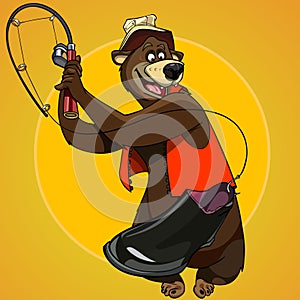 Cartoon character bear fisherman caught the bait boot