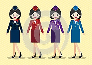 Cartoon character with beautiful air hostess and four work uniform styles.