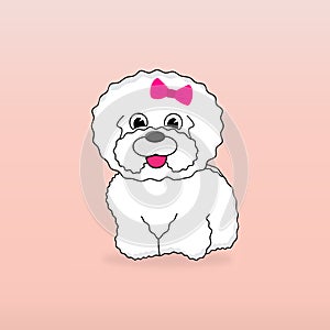 Cartoon character bichon dog with pink bow. Vector white cute dog Bichon Frise breed smiling